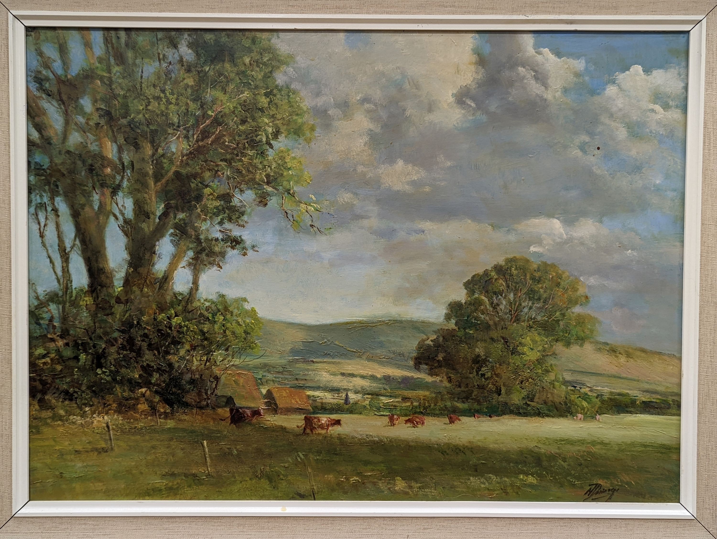 Norman Dinnage (20th century), oil on board, 'View of South Downs, cattle in the foreground' 39cm x 54 cm, signed